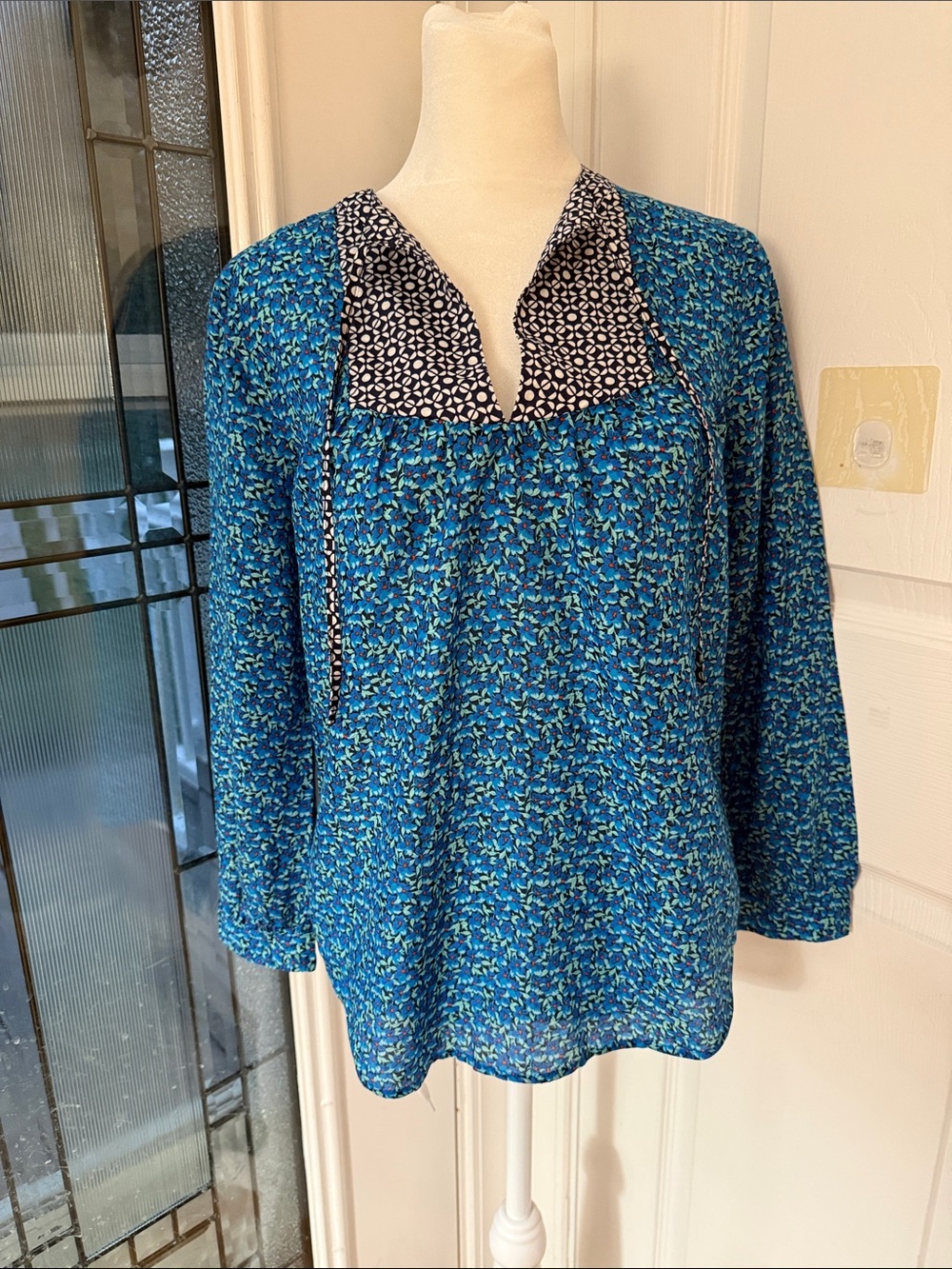 J. Crew Teal Floral Split-Neck Blouse with Contrasting Navy Yoke
